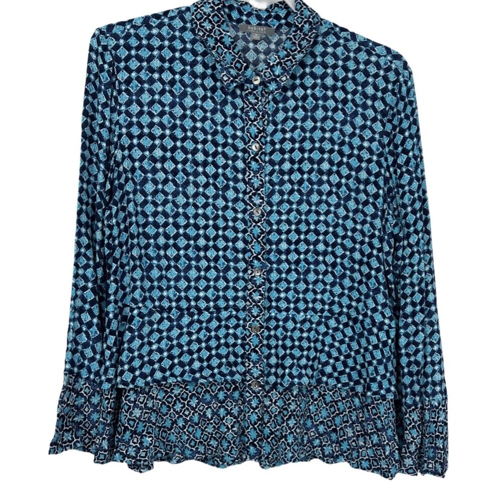 💎 Habitat Blue Geometric Print Blouse Artsy Flounce Sleeve M 💎 - Picture 4 of 6
